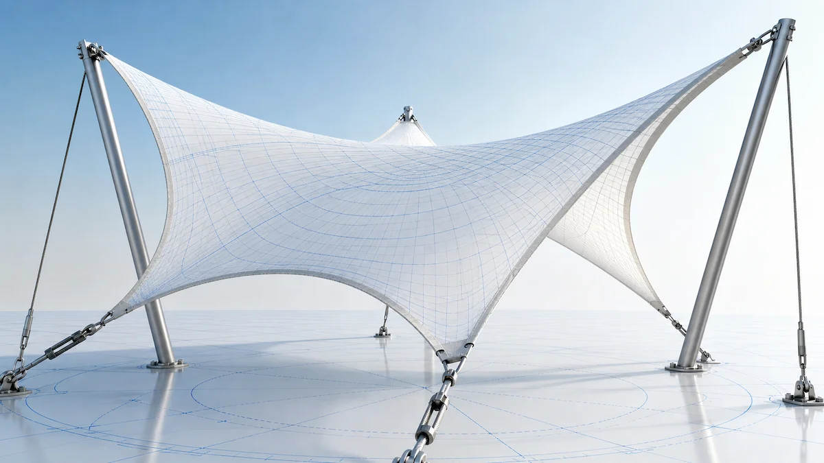 Tensile fabric membrane showing double curvature, tension cables, steel masts and structural grid behavior