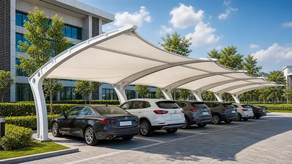 Final architectural view of a completed car parking shade structure