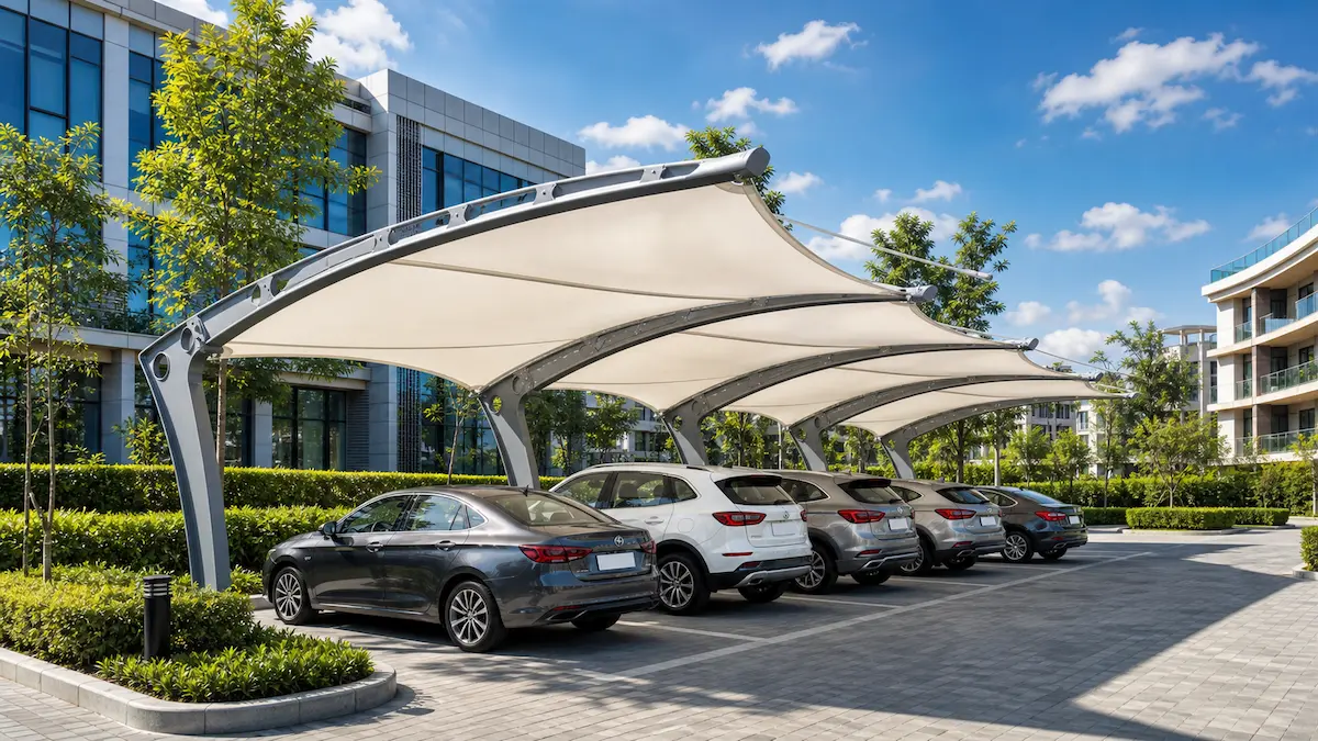 Car parking shade for residential and commercial spaces with modern tensile canopy