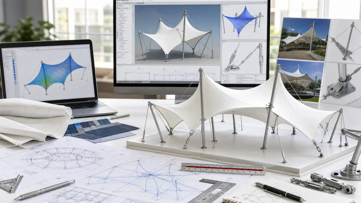 Tensile structure design process with 3D membrane model, drawings and cable fittings