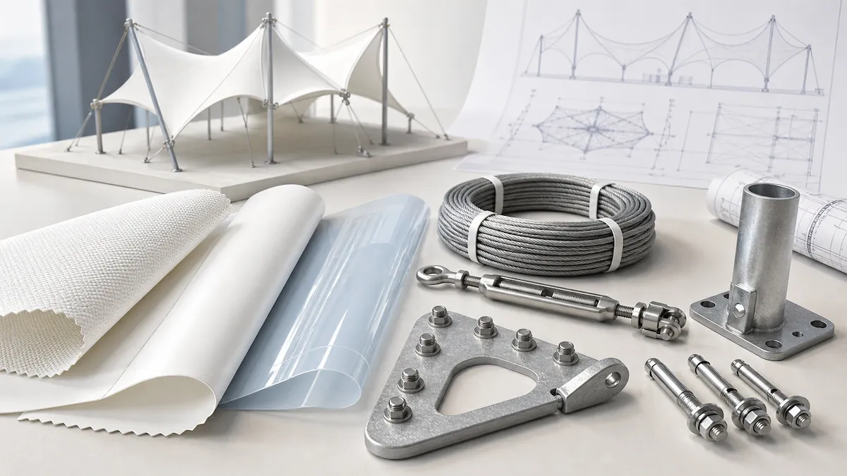Tensile structure materials including fabric membranes, ETFE film, steel cables, turnbuckle, anchor bolts and mast fittings