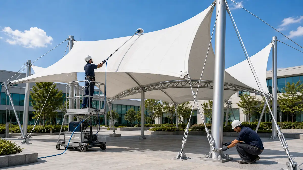 Technicians cleaning and inspecting a white tensile fabric canopy with steel masts, cables and turnbuckles