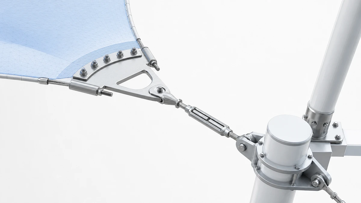 Tensile fabric structure fittings with steel cables, turnbuckle and bolted corner plate