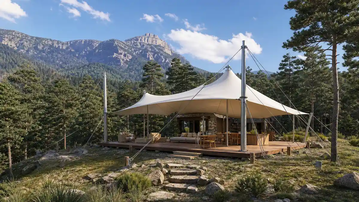 White tensile membrane structure with steel masts and cable supports in a mountain wilderness setting