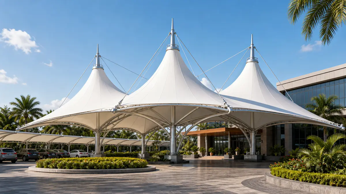 Conical tensile structure manufacturer in India with white fabric membrane and steel framework