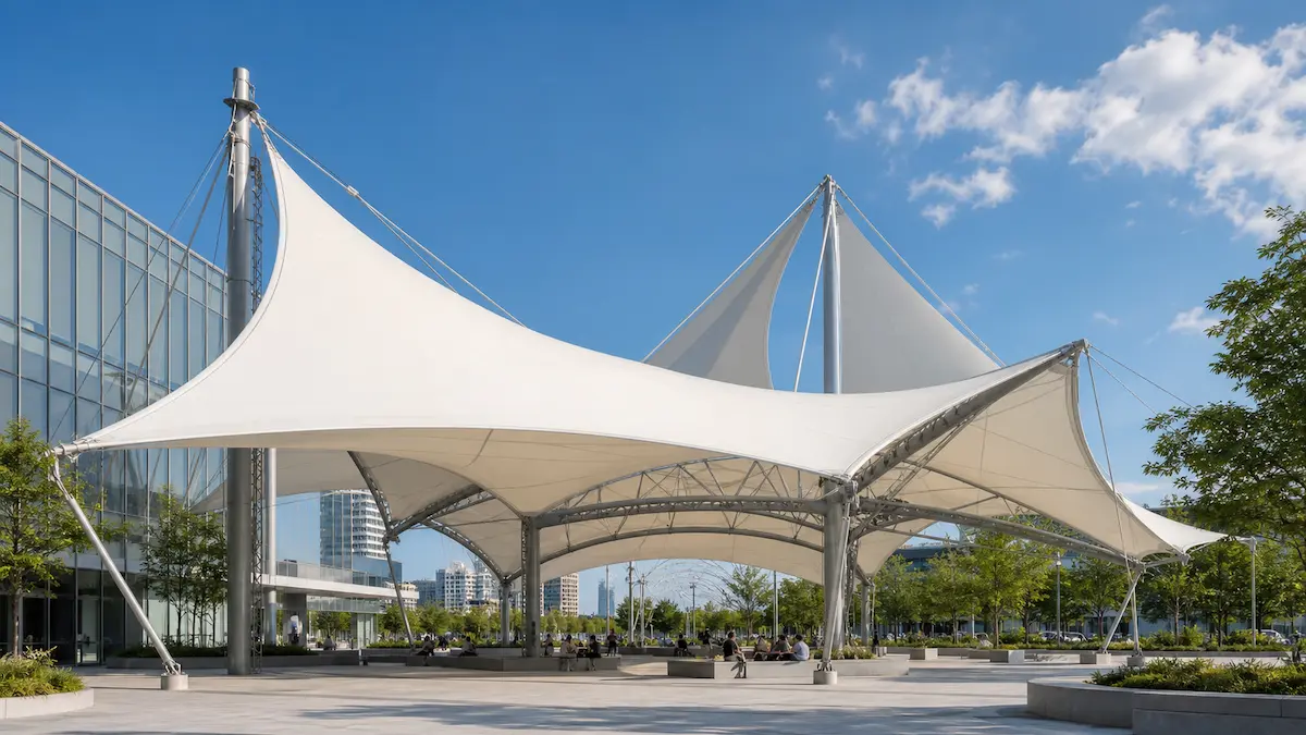 Modern tensile structure canopy showing fabric membrane, steel masts and cable support for architectural shade