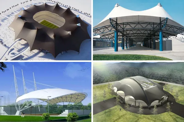 ShadeCo auditorium tensile structures, a lightweight, eco-friendly canopy offering stylish weather protection and comfort for school or mall auditoriums.