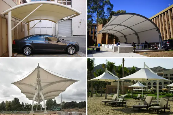 ShadeCo cantilever shade structure, a stylish and durable tensile canopy providing custom shade for commercial, residential, or public outdoor spaces.