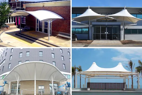 ShadeCo entrance canopy, a stylish tensile shade sail offering weather protection and modern aesthetics for home or office entryways.