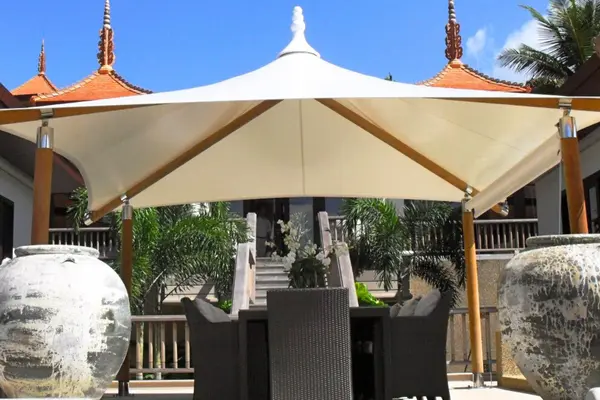 ShadeCo India fabric shade structure, an elegant and durable tensile canopy for residential, commercial, or industrial outdoor spaces.