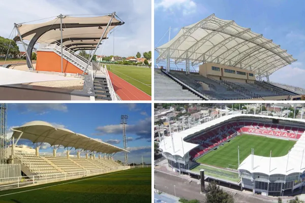 ShadeCo stadium tensile structure, a robust, eco-friendly canopy providing stylish shade and shelter for sports arenas and spectators.