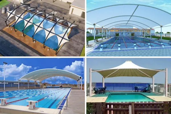 ShadeCo swimming pool sun shed, a stylish UV-protective tensile shade sail covering a pool area, blending modern design with durable functionality.