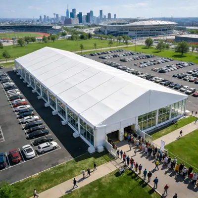 Commercial exhibition hangar tent structure for trade shows, exhibitions and large event spaces