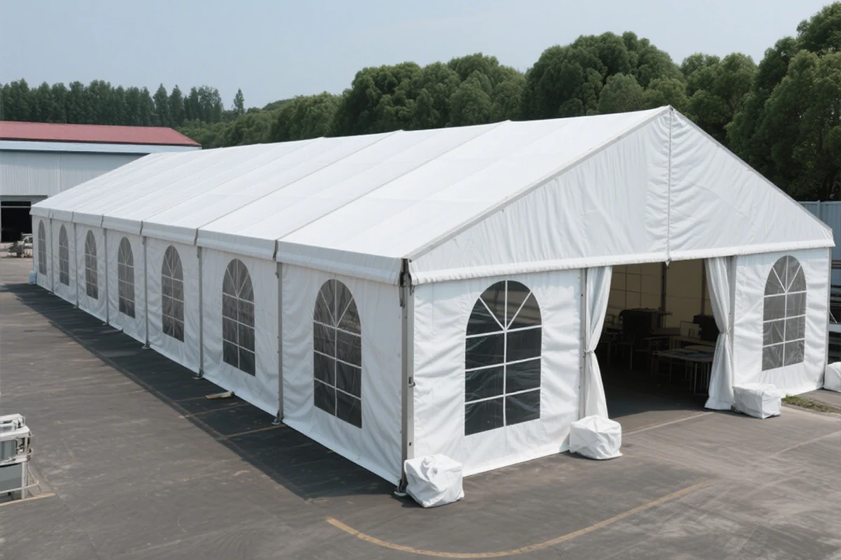 Large clear span aluminium hangar tent manufactured in India for aviation, industrial and warehouse applications