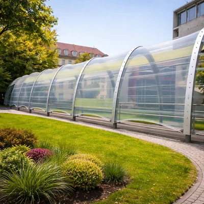 ETFE walkway shade structure with lightweight transparent membrane roofing
