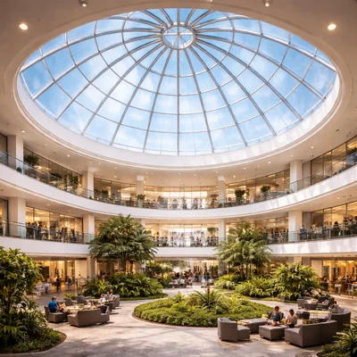 Commercial building skylight atrium roof structure with polycarbonate panels for natural daylight