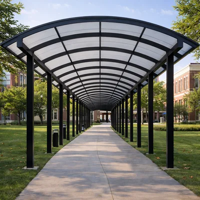 Covered polycarbonate walkway shed structure with steel frame canopy for pedestrian pathways