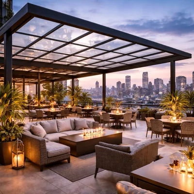 Luxury rooftop lounge canopy with polycarbonate skylight roof for restaurants and hotels