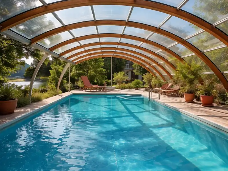 Swimming pool covered with modern polycarbonate roofing structure