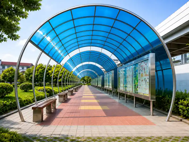 Polycarbonate walkway canopy structure for covered pedestrian pathways