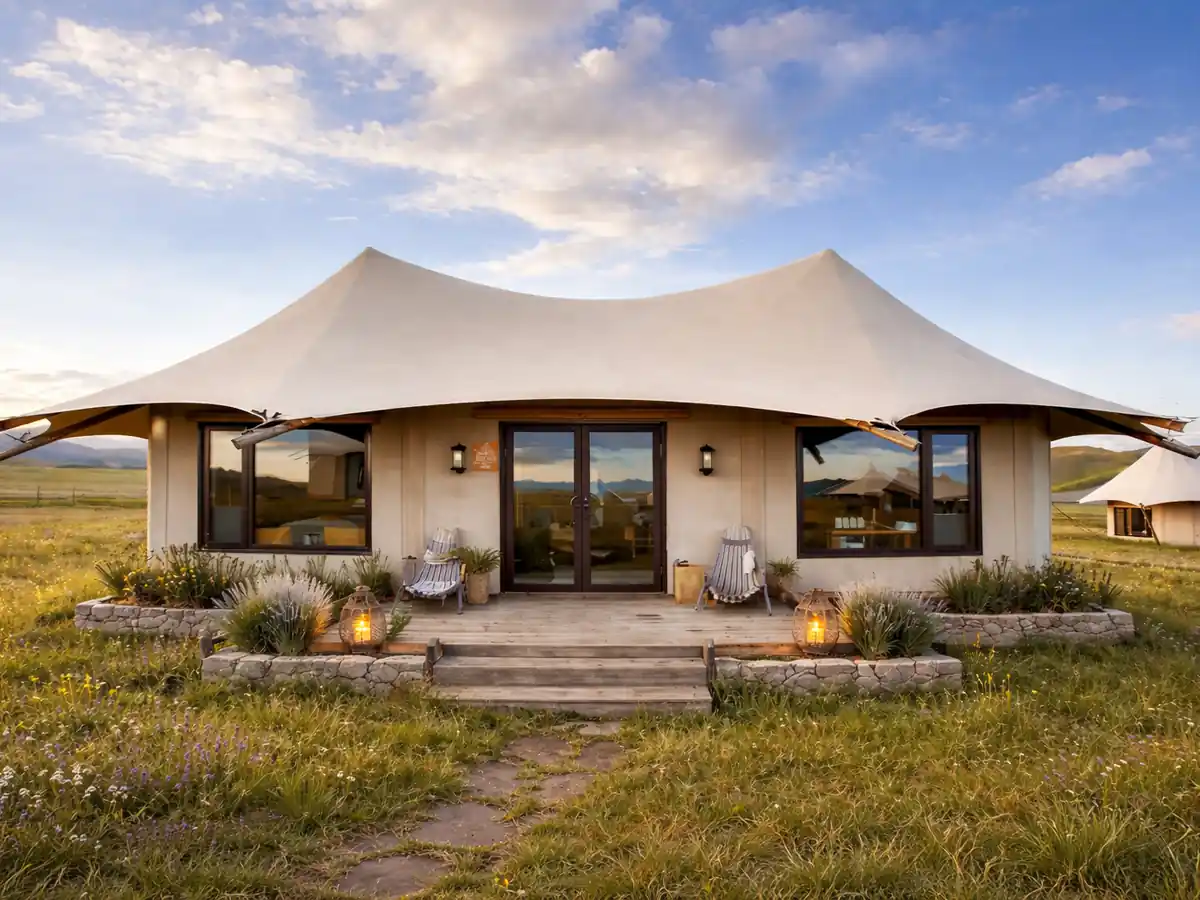 Resort glamping tent structure for luxury hospitality and premium outdoor accommodation