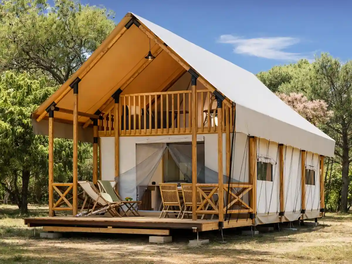 Safari glamping lodge tent designed for wildlife resorts and nature retreat stays