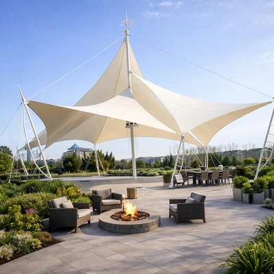 Architectural shade sails designed for modern building exteriors and public spaces