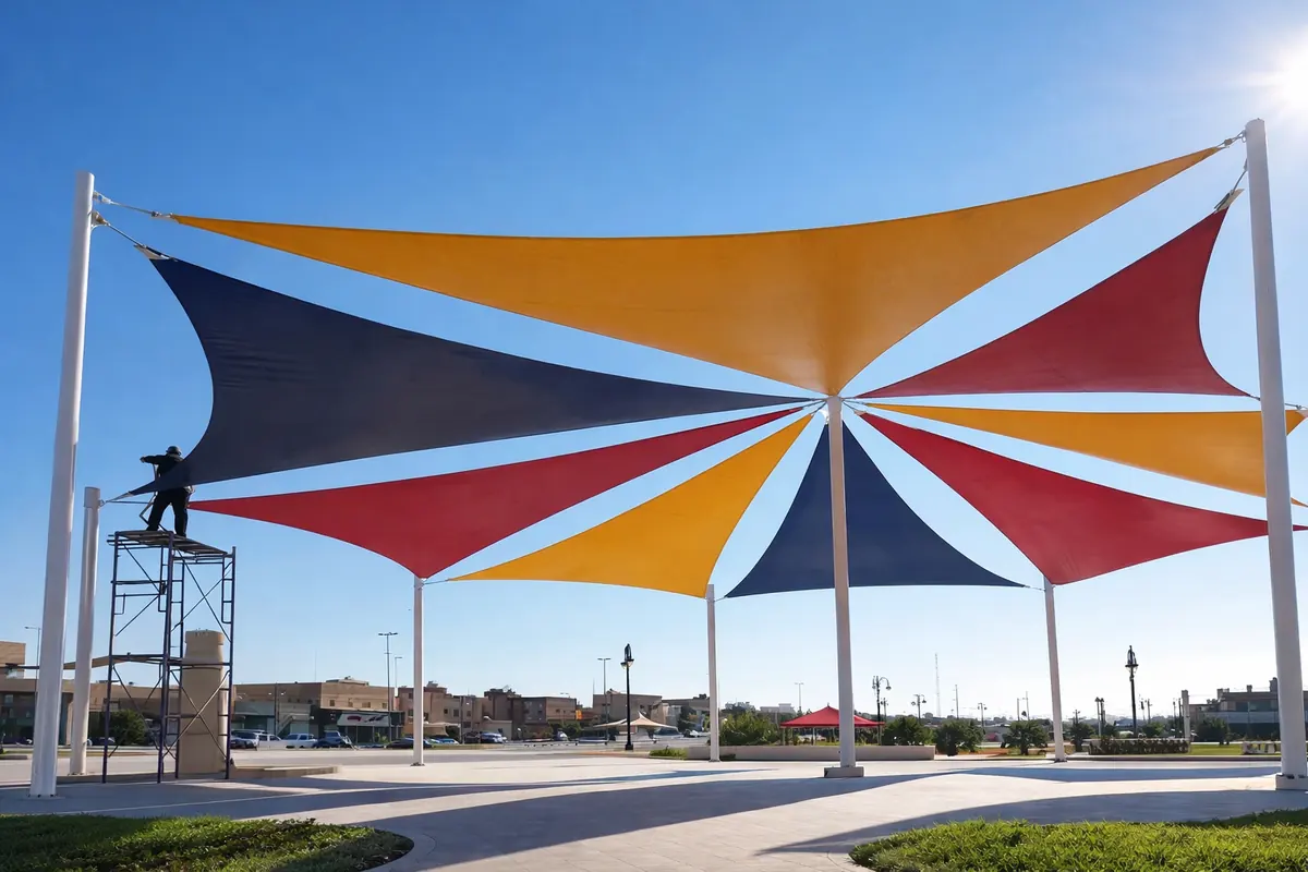 Commercial tensile shade sails canopy providing sun protection in modern outdoor plaza