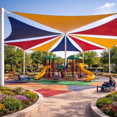Playground shade sails providing UV protection for kids play areas in schools and parks