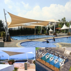 Swimming pool shade sail providing sun protection for outdoor pool areas