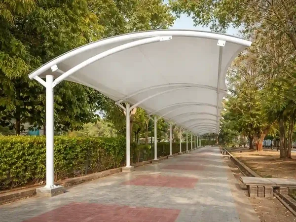 Walkway tensile canopy structure by ShadeCo for outdoor pedestrian shading