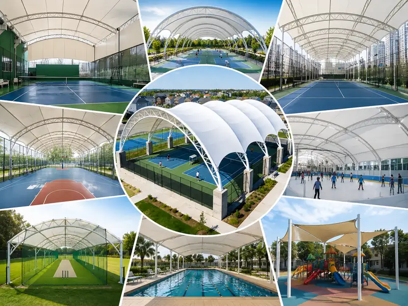 Sports shade structures for tennis courts swimming pools playgrounds and multi-sports facilities
