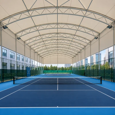 Tennis court shade structure for sun protection and open play visibility