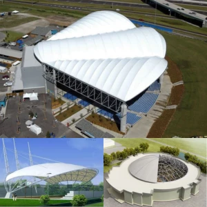 Auditorium tensile roof structures for outdoor venues and event spaces