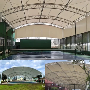 Outdoor sports tensile structures for courts and playgrounds