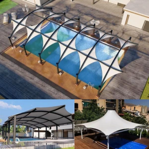 Swimming pool tensile structures with shaded and weather-protected roofing