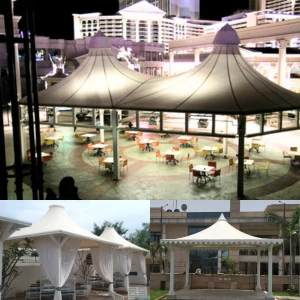 Tensile fabric gazebo structures for landscape and leisure areas