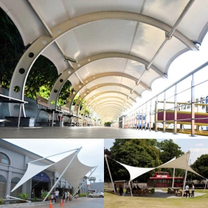 Architectural tensile canopy for building facade and entrance shade