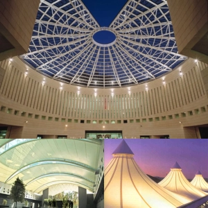 Atrium tensile roof structure for daylight and open interior spaces