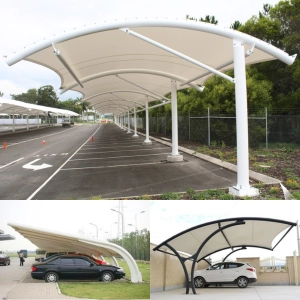 Car parking tensile shade structure for commercial and residential parking areas
