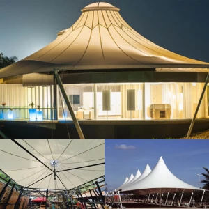 Conical tensile structure with cone shaped fabric roof design