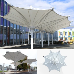 Inverted umbrella tensile structure for modern shade application