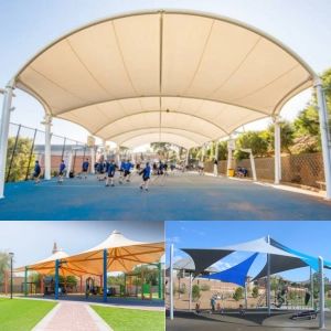 Playground tensile structure for outdoor play area sun protection