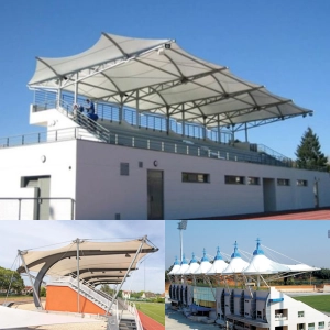 Stadium tensile roof structure for large span sports facility