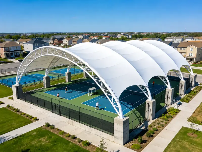 Large span tensile structure for outdoor sports court canopy
