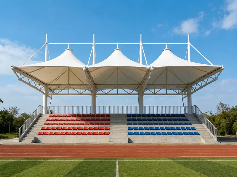 Stadium tensile roof structure with fabric canopy system