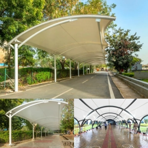 Walkway tensile shade structure with fabric roofing system