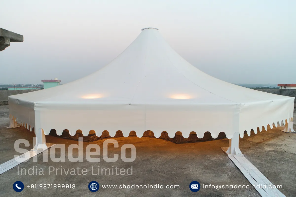 Side view of conical tensile roof at KBN Hospital